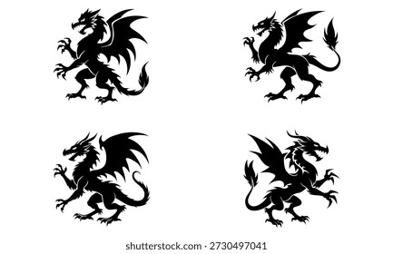 Black Heraldic Dragon Silhouette Vector Set for Crest Mascot and Tattoo Design