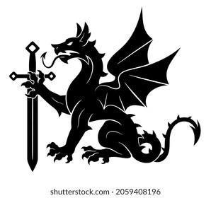 Black heraldic dragon with sword on the white background. Can be used in coat of arms design.