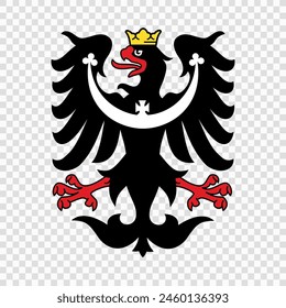 black heraldic eagle with a red tongue and claws, topped with a golden crown, representing the symbol of Silesia