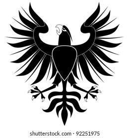 Black heraldic eagle with shield on white background