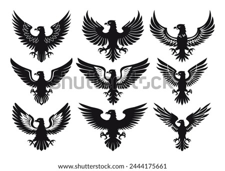 Black heraldic eagle wild bird insignia patriotism freedom and force icon set vector flat illustration. Hawk with open wings feather flying predator protection victory national nobility faith and hunt