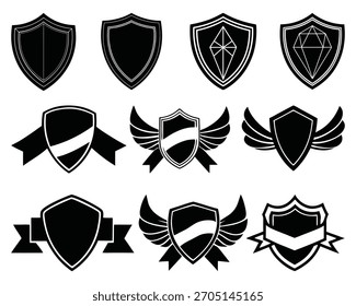 Emblemas heráldicos negros con alas y cintas de escudo