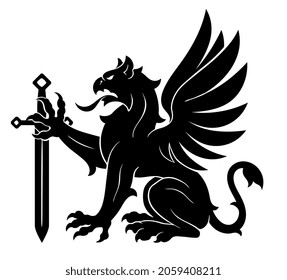 Black heraldic griffin with sword on the white background. Can be used in coat of arms design.