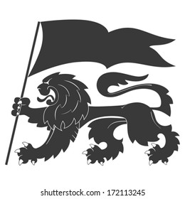Black heraldic lion with flag