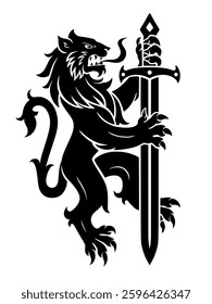 Black heraldic lion holding the sword in its paws. Vector illustration on the white background.  