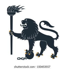 Black heraldic lion with torch and shackles