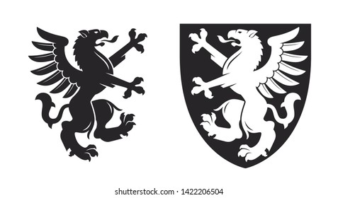 Black heraldic rampant griffin on the white background. Vector illustration