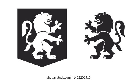 Black heraldic rampant lion on the white background. Vector illustration