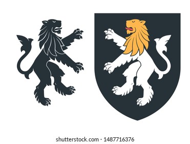Black heraldic rampant lion on the white background. Vector illustration