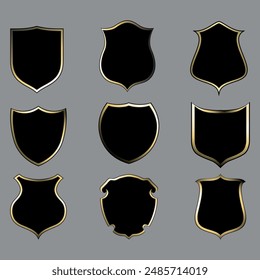 Black heraldic shields with a golden frame. 9 pieces. Vector on a gray backgroundBlack heraldic shields with a golden frame. 9 pieces. Vector on a gray background