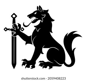 Black heraldic wolf with sword on the white background. Can be used in coat of arms design.