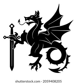 Black heraldic wyvern with sword on the white background. Can be used in coat of arms design.