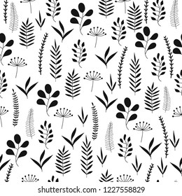 Black herbs and leaves seamless pattern. Scandinavian background. Nature style.