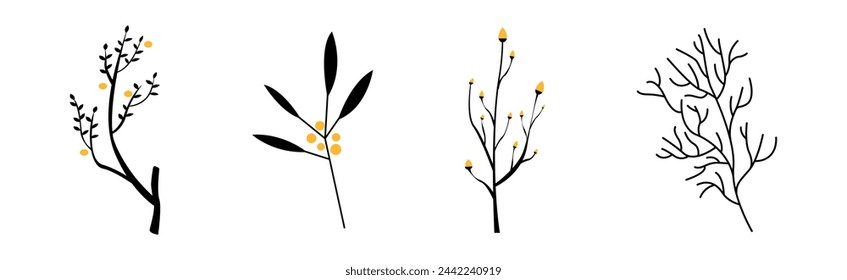 Black Herbs and Twig with Stem and Stalk Vector Set