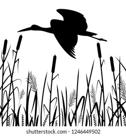 black heron flying , vector illustration ,  black silhouette ,profile view