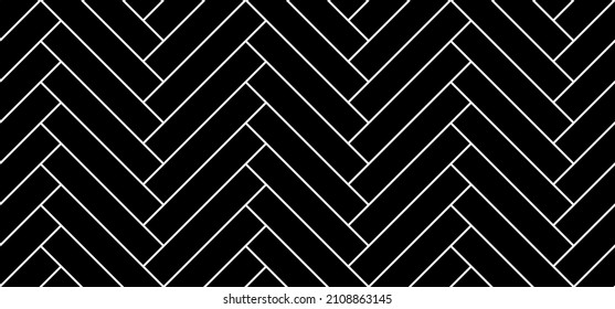Black herringbone parquet floor seamless pattern with diagonal panels. Vector wooden or brick wall texture. Modern interior background. Outline monochrome wallpaper.