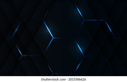 Black hexagon abstract gaming vector background with light blue colored bright flashes. Vector illustration