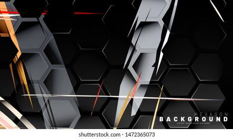 Black hexagon abstract pattern on colorful brush style background technology. Honeycomb. Vector illustration