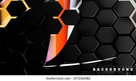 Black hexagon abstract pattern on colorful brush style background technology. Honeycomb. Vector illustration