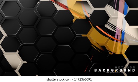 Black hexagon abstract pattern on colorful brush style background technology. Honeycomb. Vector illustration