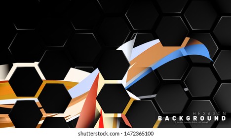 Black hexagon abstract pattern on colorful brush style background technology. Honeycomb. Vector illustration