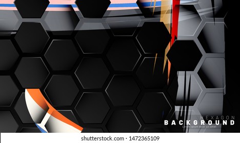 Black hexagon abstract pattern on colorful brush style background technology. Honeycomb. Vector illustration