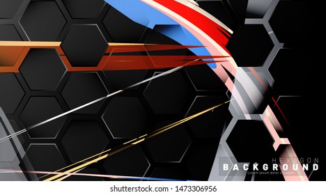 Black hexagon abstract pattern on colorful brush style background technology. Honeycomb. Vector illustration