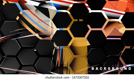 
Black hexagon abstract pattern on colorful brush style background technology. Honeycomb. Vector illustration