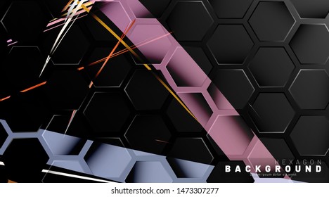 
Black hexagon abstract pattern on colorful brush style background technology. Honeycomb. Vector illustration