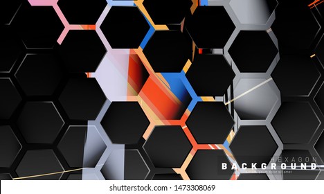 Black hexagon abstract pattern on colorful brush style technology background. Honeycomb. Vector illustration