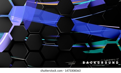 Black hexagon abstract pattern on colorful brush style background technology. Honeycomb. Vector illustration