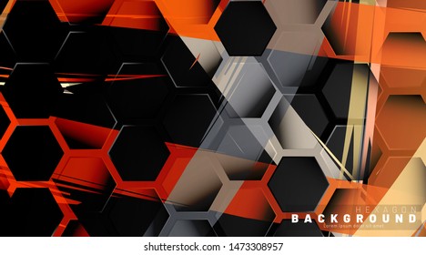 
Black hexagon abstract pattern on colorful brush style background technology. Honeycomb. Vector illustration