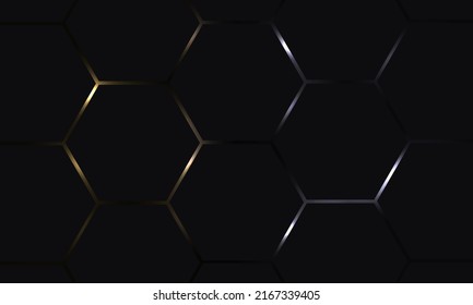 Black hexagon abstract technology background with gold and silver colored bright flashes under hexagon. Black hexagonal luxury elegance vector abstract technology background.