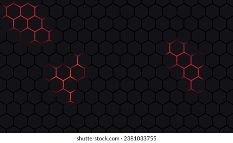 Black hexagon abstract technology background with red colored bright flashes under the hexagon.