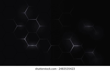 Black hexagon abstract technology background with white bright flashes under hexagon. Hexagonal gaming dark vector abstract tech background.