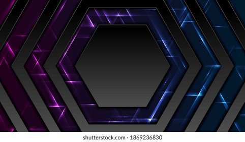 Black hexagon and arrows abstract tech banner design with glowing neon lights. Futuristic vector background