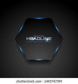 Black hexagon with blue neon light abstract background. Vector tech glowing corporate design