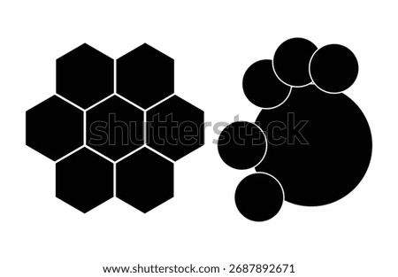 Black hexagon, circle design element, shapes, pattern with no strokes. Multiple circle photo collage template vector illustration. Circle photo collage grid template.  