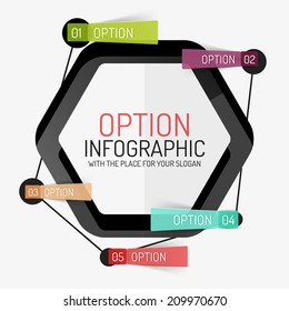 Black hexagon diagram, stickers connected with line. Option infographic design layout, minimal line style