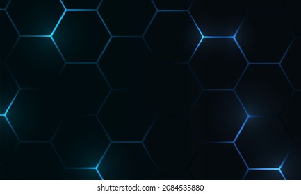 Black hexagon gaming tech abstract vector background with blue colored bright energy flashes. Vector illustration.