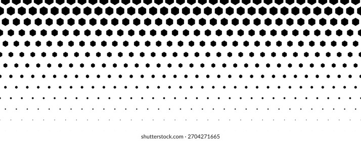 Textura de gradiente hexagonal negro. Fondo de patrón de panal de abeja desvanecido. Fondo geométrico hexagonal de superposición de tecnología de semitonos. Abstractas Fondo de pantalla grunge halfton. Textura de punto de tecnología retro de Vector