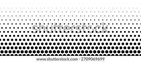 Black hexagon gradient texture. Fading honeycomb pattern background. Geometric hexagonal halftone tech overlay backdrop. Horizontal grunge halfton wallpaper. Vector retro technology dot texure