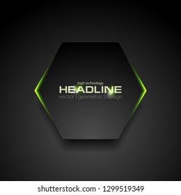 Black hexagon with green light abstract background. Vector corporate design