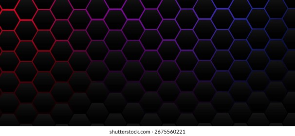 Black hexagon grid pattern on Red blue background, bright light coming from below. Technology, connection and data concept. High resolution full frame abstract and modern background with copy space.