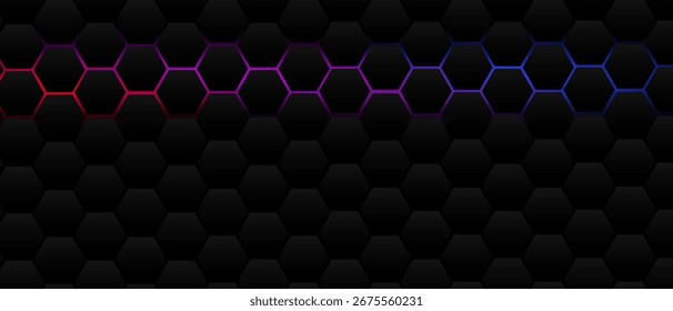 Black hexagon grid pattern on Red blue background, bright light coming from below. Technology, connection and data concept. High resolution full frame abstract and modern background with copy space.