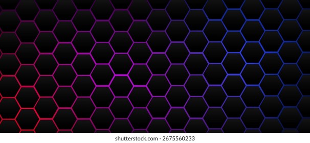 Black hexagon grid pattern on Red blue background, bright light coming from below. Technology, connection and data concept. High resolution full frame abstract and modern background with copy space.