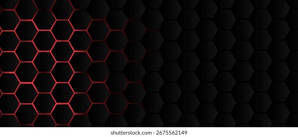 Black hexagon grid pattern on red background, bright light coming from below. Technology, connection and data concept. High resolution full frame abstract and modern background with copy space.