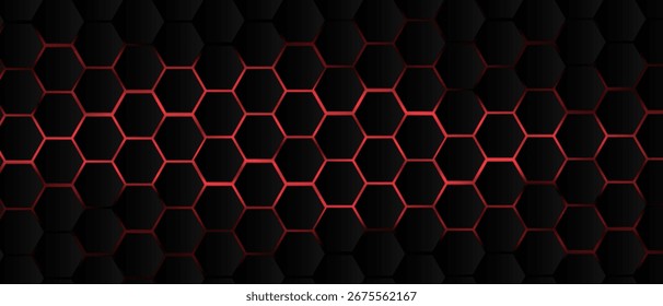 Padrão de grade de hexágono preto no fundo vermelho, luz brilhante vindo de baixo. Conceito de tecnologia, conexão e dados. Alta resolução de quadro completo abstrato e plano de fundo moderno com espaço de cópia.
