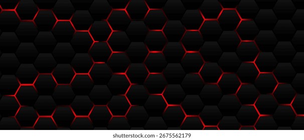 Black hexagon grid pattern on red background, bright light coming from below. Technology, connection and data concept. High resolution full frame abstract and modern background with copy space.