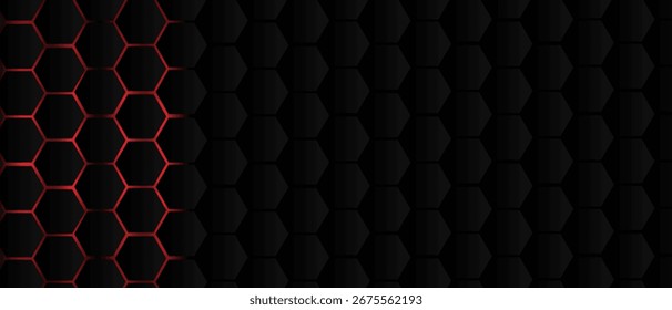 Black hexagon grid pattern on red background, bright light coming from below. Technology, connection and data concept. High resolution full frame abstract and modern background with copy space.